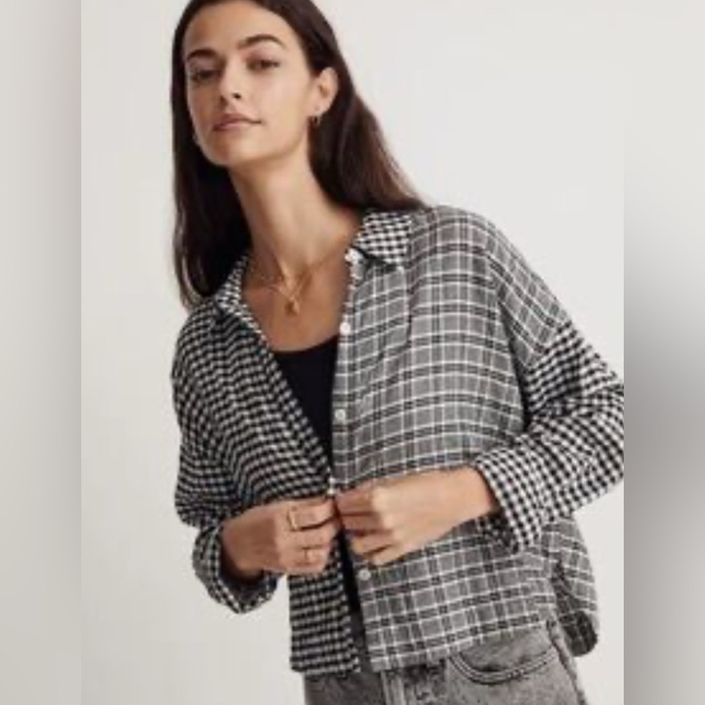 Madewell Long Sleeve Tee Crop Black & White Gingham/Checkered/Plaid Size Large